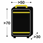 Extra large luggage icon with measures: 50cm long, +70 cm height and +30cm width