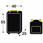 Small luggage icon with measures: 40cm long, 55 cm height and 25cm width